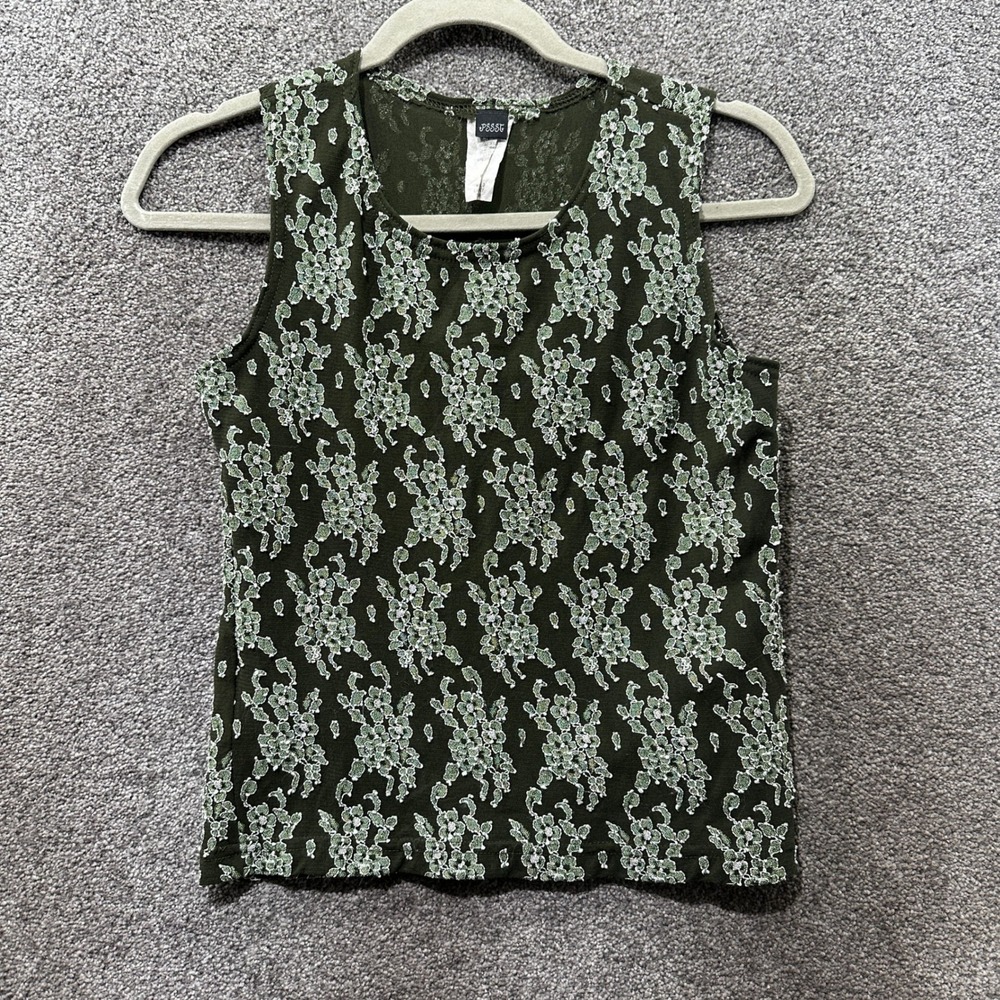 PSSST Womens Floral Lace Tank Top Olive Green Sleeveless Y2K Made in USA Large